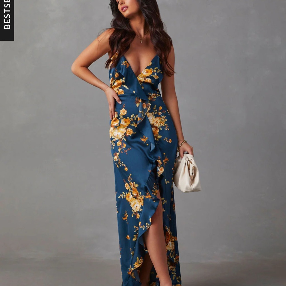 Vici Capriccio Satin Floral Ruffle Maxi Dress L